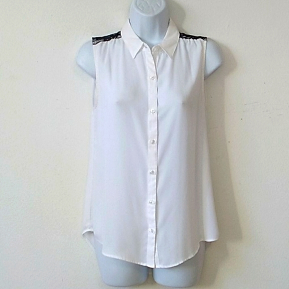COPY - Express white sheer sleeveless hi lo button down top w/ black lace back … - Picture 1 of 8